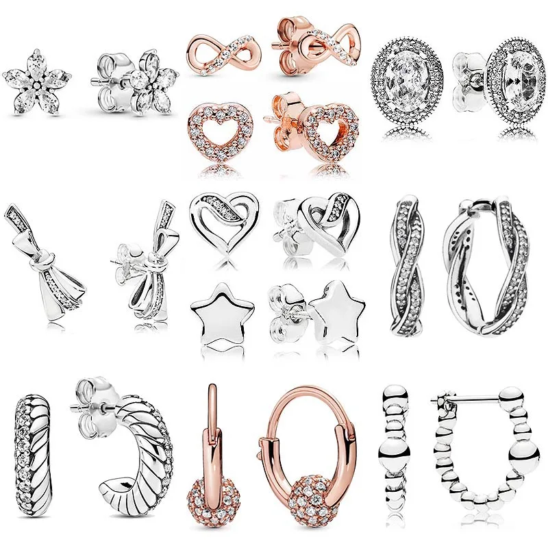 

Authentic 925 Sterling Silver Captured Ribbons Of Love Heart Brilliant Bow Snake Chain Pattern Earring For Women pandora Jewelry