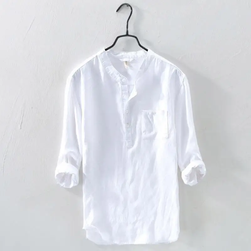 

Men's Solid Color Shirts Fashion Streetwear Harajuku Tops Male Clothes 100% Cotton Men Shirt Cotton 3/4 Sleeve Stand Collar