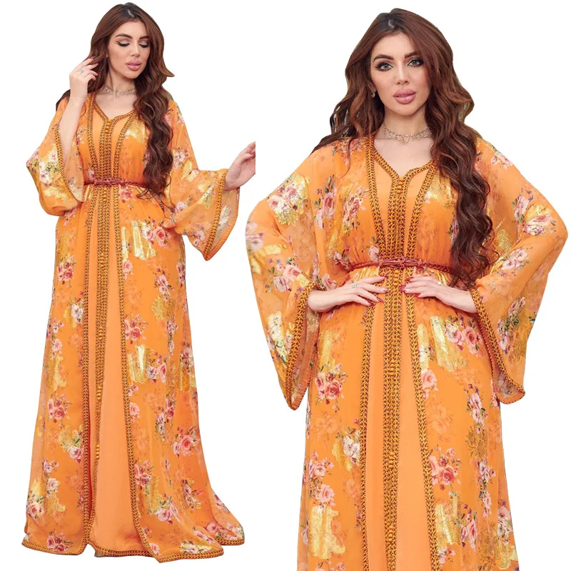 Djellaba Marocaine Two Piece Muslim Dress Chiffon Print Belted Kaftan Ramadan Gown Abayas Islamic Cloth Turkish Women Clothes
