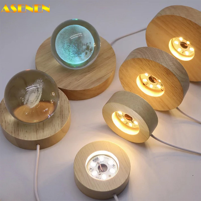 

10PCS Round Wood Light Base for Crystal Glass Resin Art Ornament Led Wood Light Display Base 6cm/7cm/8cm Wooden Lamp Base Stand