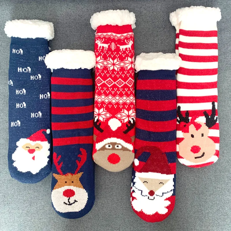 Womens Fuzzy Sock sheep Christmas Soft Female Home Indoor winter Warm Plush Bedroom Silicone Non-slip Grip Thermal Slipper Socks