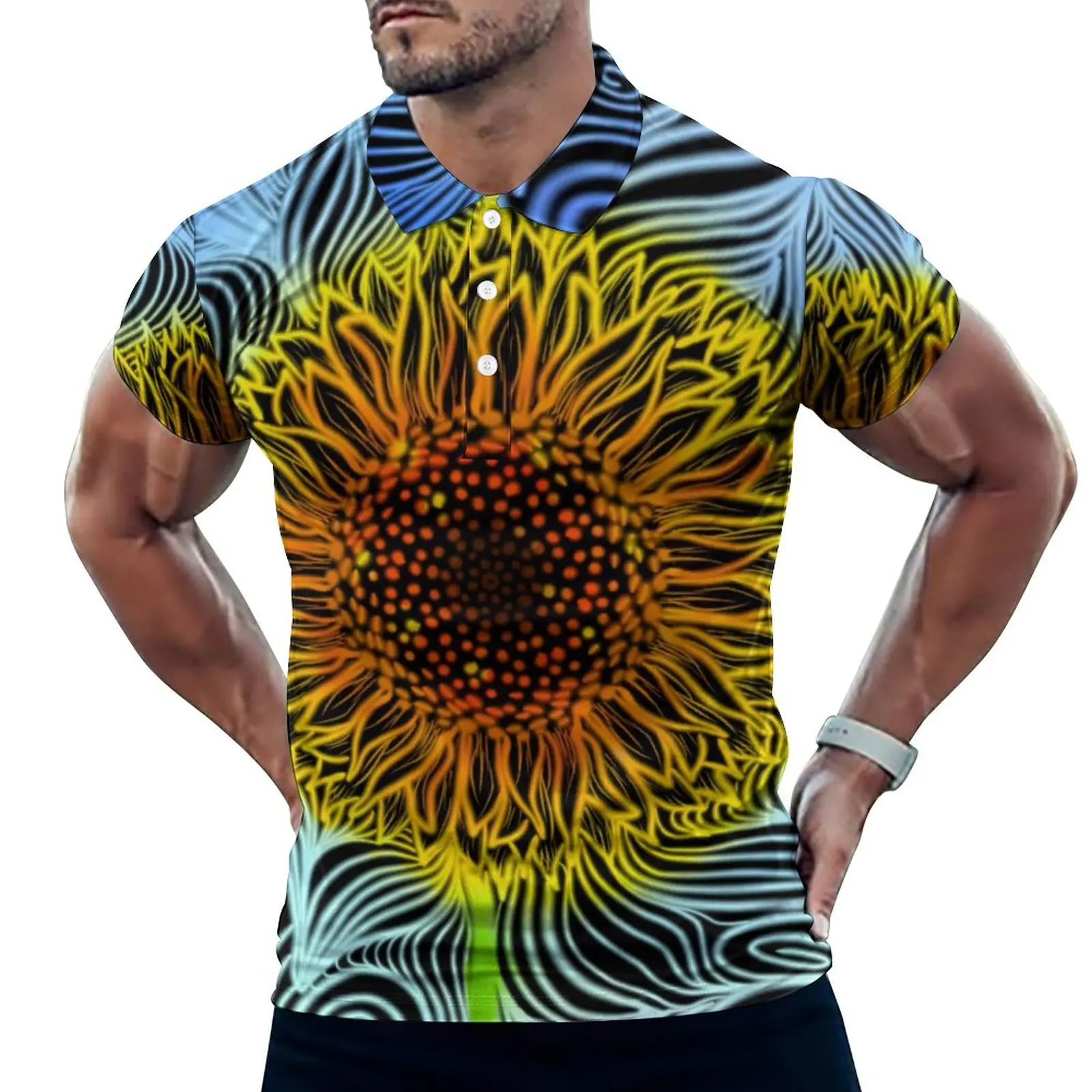 

Футболка-поло мужская с отложным воротником, повседневная тенниска с неоновыми подсолнухами, крутая майка в современном стиле, дизайнерска...