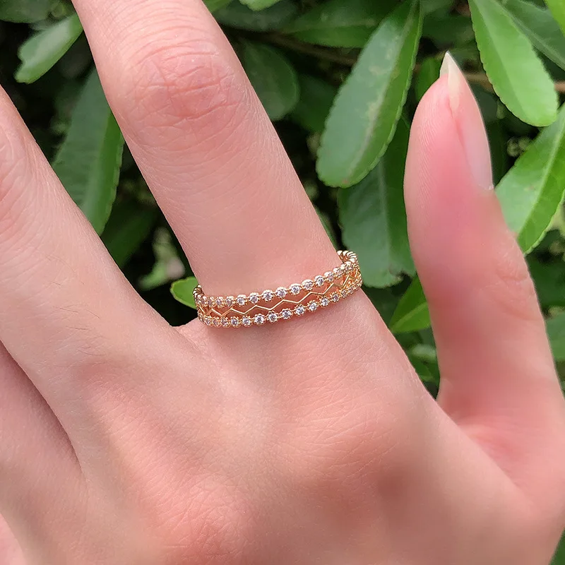 

Luxury Engagement Rings Full Paved Natural CZ Stone Never Fade 18k Rose Gold Real Gold Elegant Simple Female Jewelry Gold Rings