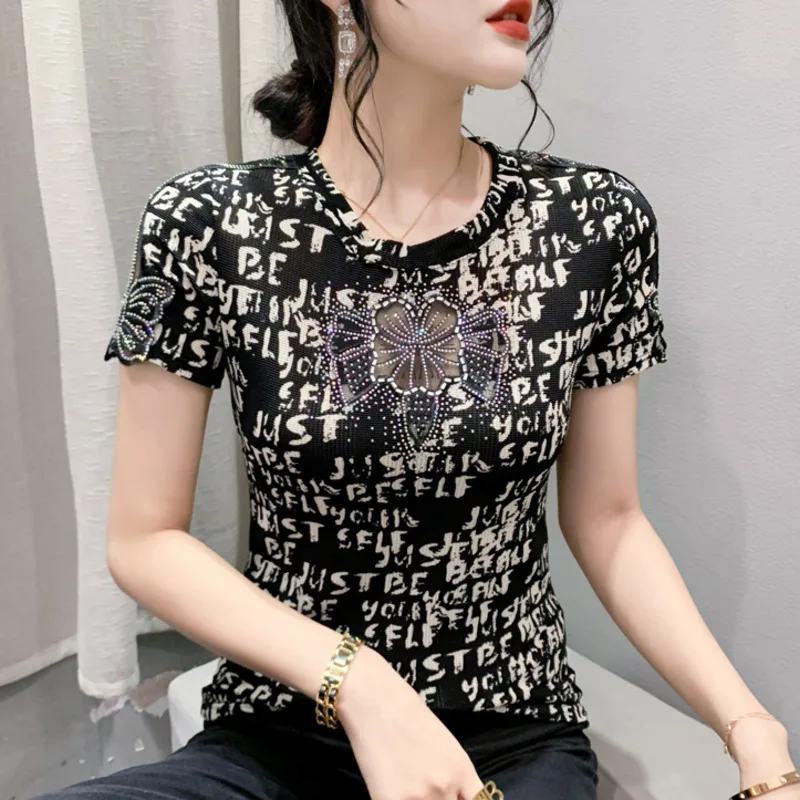 

#6706 футболка с коротким рукавом, женская сексуальная облегающая футболка с принтом со стразами, Женская облегающая винтажная офисная футболка с круглым вырезом, лето