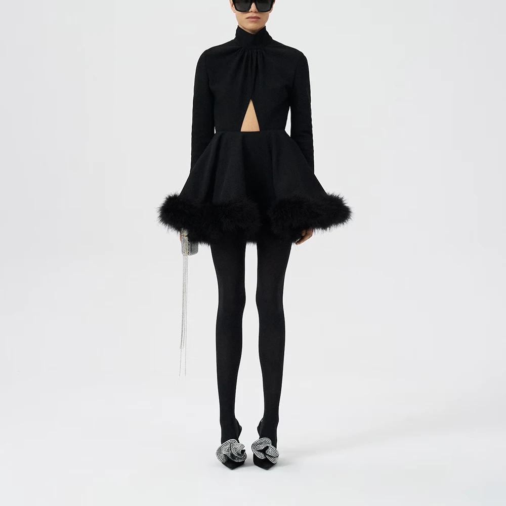 

Black Cuffs Stitching Ostrich Feather Hollow Women's Jumpsuit Top 2022 Autumn New Feather Trim Puff Low Waist Y2k Half Skirt Set
