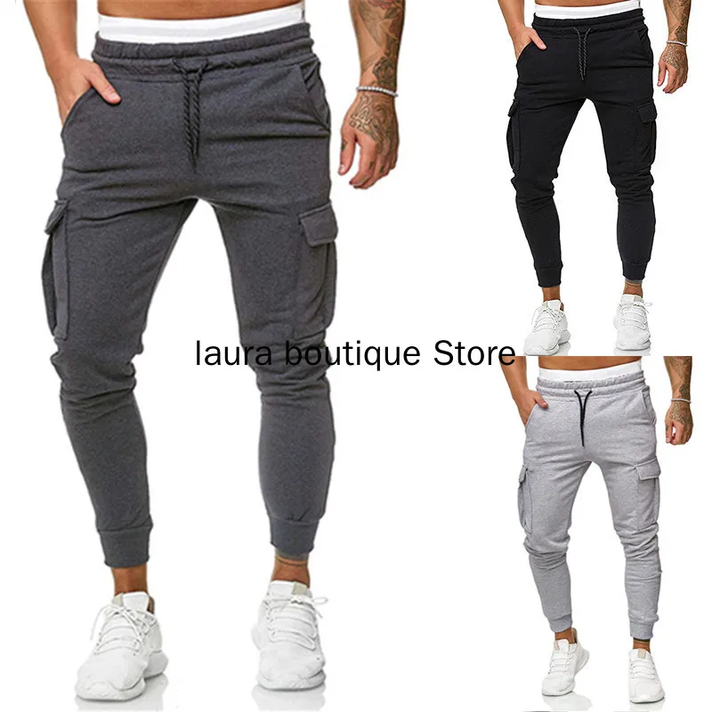 

Mens Slim Fit Casual Sweatpants Long Pants Flap Pocket Trousers Drawstring Elastic Waist Cargo Joggers Pantalones Hombre