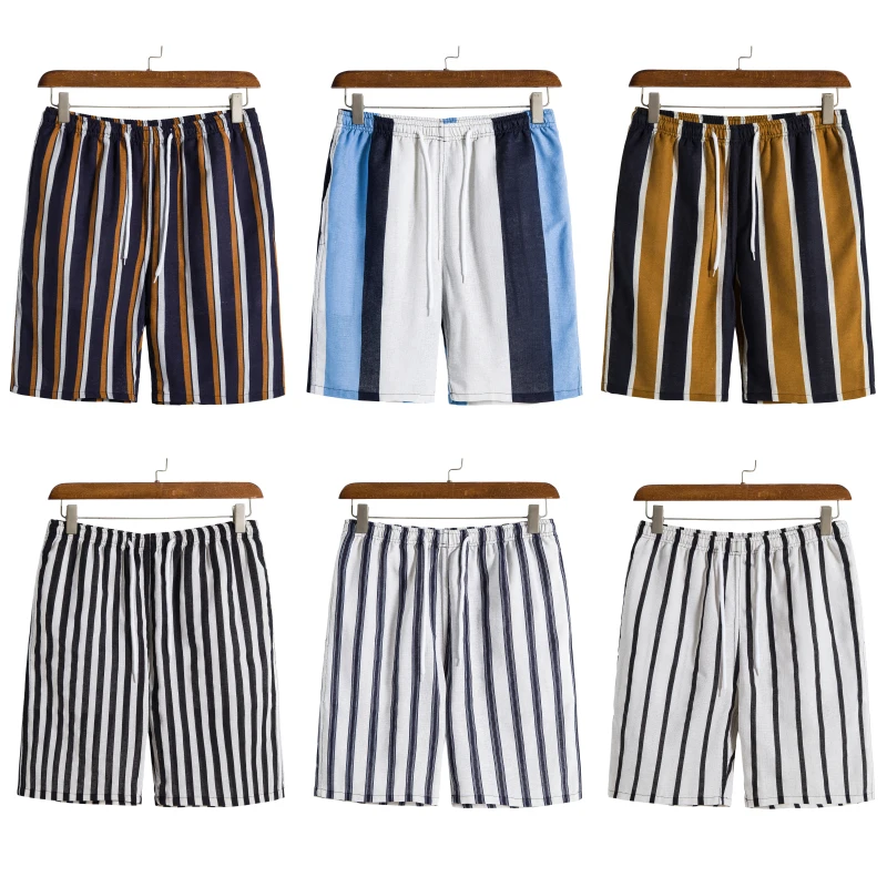 2022 Summer High Quality Men's Striped Cotton and Linen Drawstring Loose Men's Beach Shorts