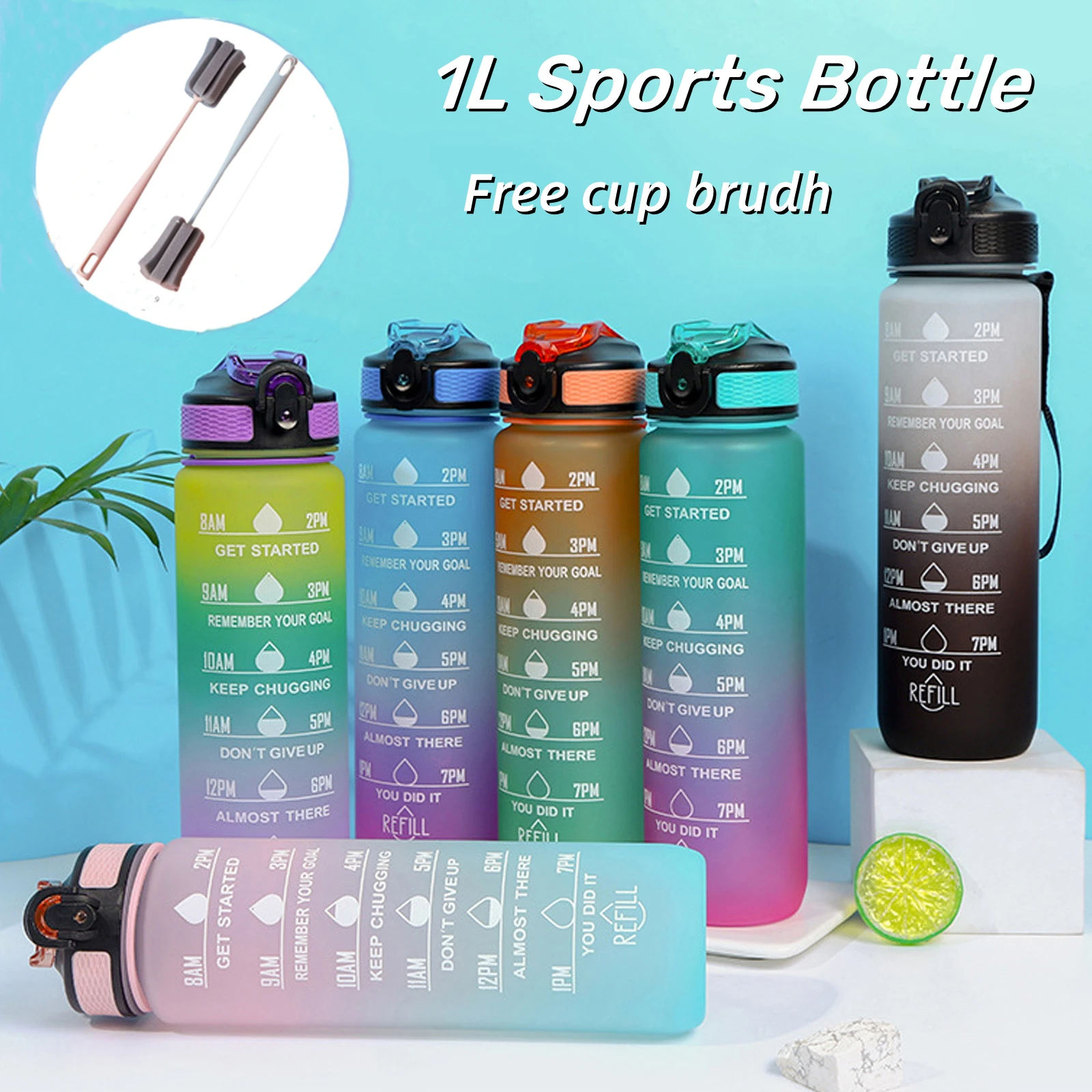 Botella de agua motivacional de 1 litro con marcador de tiempo de pajita, taza deportiva a prueba de fugas para gimnasio, viaje de Camping, botella para beber para deportes al aire libre