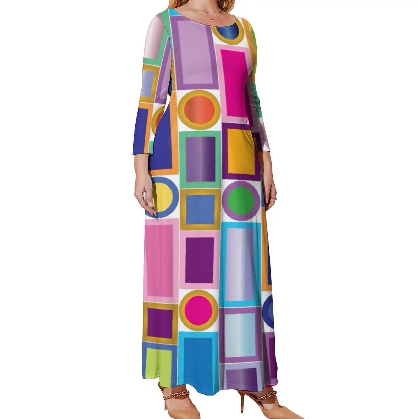 

Mid-Century Color Bling Dress Long-Sleeve Geometry Sexy Maxi Dress Spring Aesthetic Print Bohemia Long Dresses Plus Size