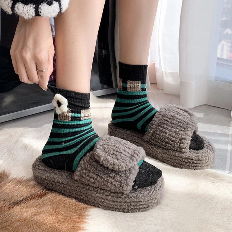 

Fur Women Flats Slippers Plush Warm Casual Platform Home Cotton Shoes 2022 Winter New Thick Boots Slingback Mules Flip-flops