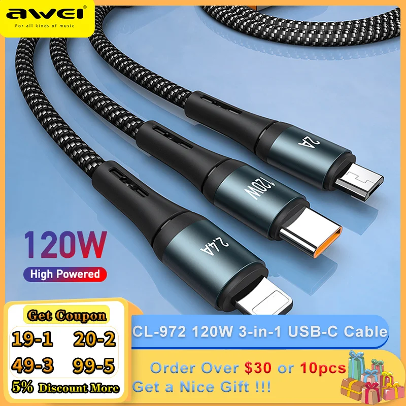 

Awei CL-972 120W 3-in-1 USB-C Cable Super Fast Charging Cables Micro Type c Charge Data Transmission For HUAWE iPhone