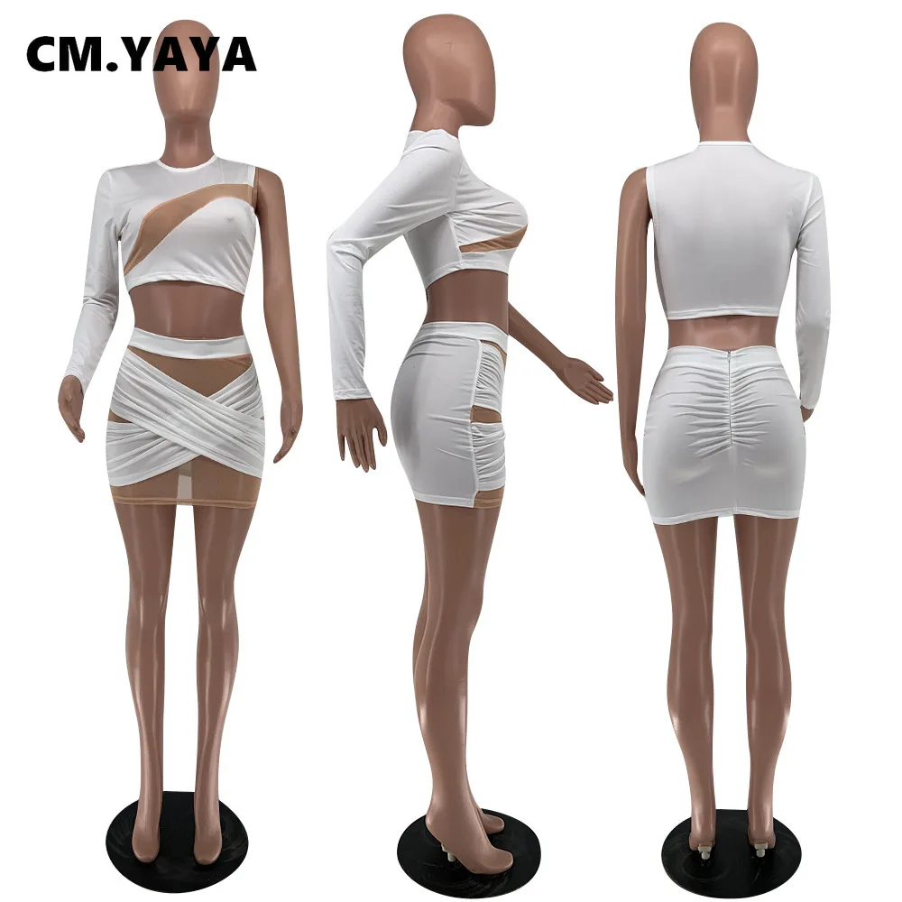Женский спортивный костюм CM.YAYA сетчатый с вырезами на одно плечо Топ длинным