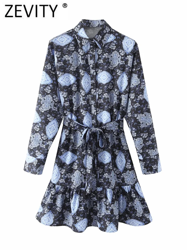 

Zevity Women Vintage Totem Flower Print Hem Ruffles Bow Sashes Shirt Dress Office Lady Chic Long Sleeve Casual Vestidos DS2976