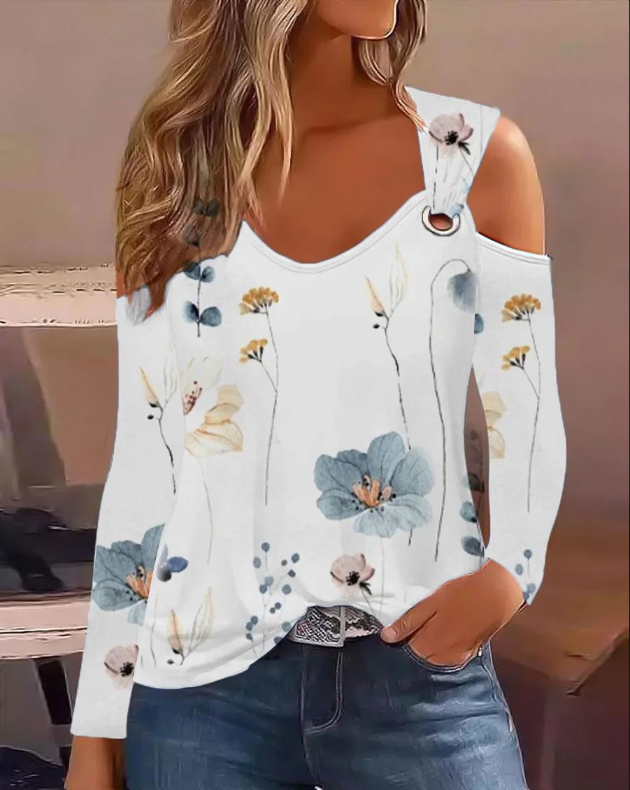

Womens Long Sleeved Shirts Tops Casual Loose And Minimalist Printed Metal Buckle V-neck2023 Sexy Off Shoulder Blouse Mujer блузи