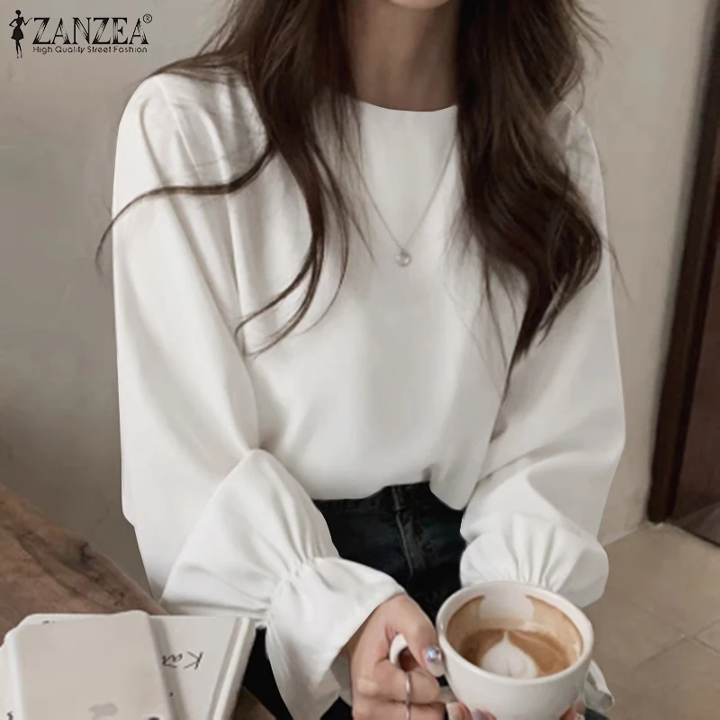 

O-Neck Solid All-Match Chemise Work Korean Shirt Casual Elegant Loose Ruffle Tops 2022 ZANZEA Women Spring Long Sleeve Blouse