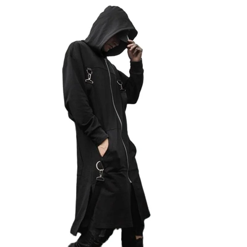 

2021 Autumn Fashion Men Ribbons Patchwork Punk Hip Hop Long Trench Coat Hooded Cloak Men Black Hiphop Zipper Long Jacket