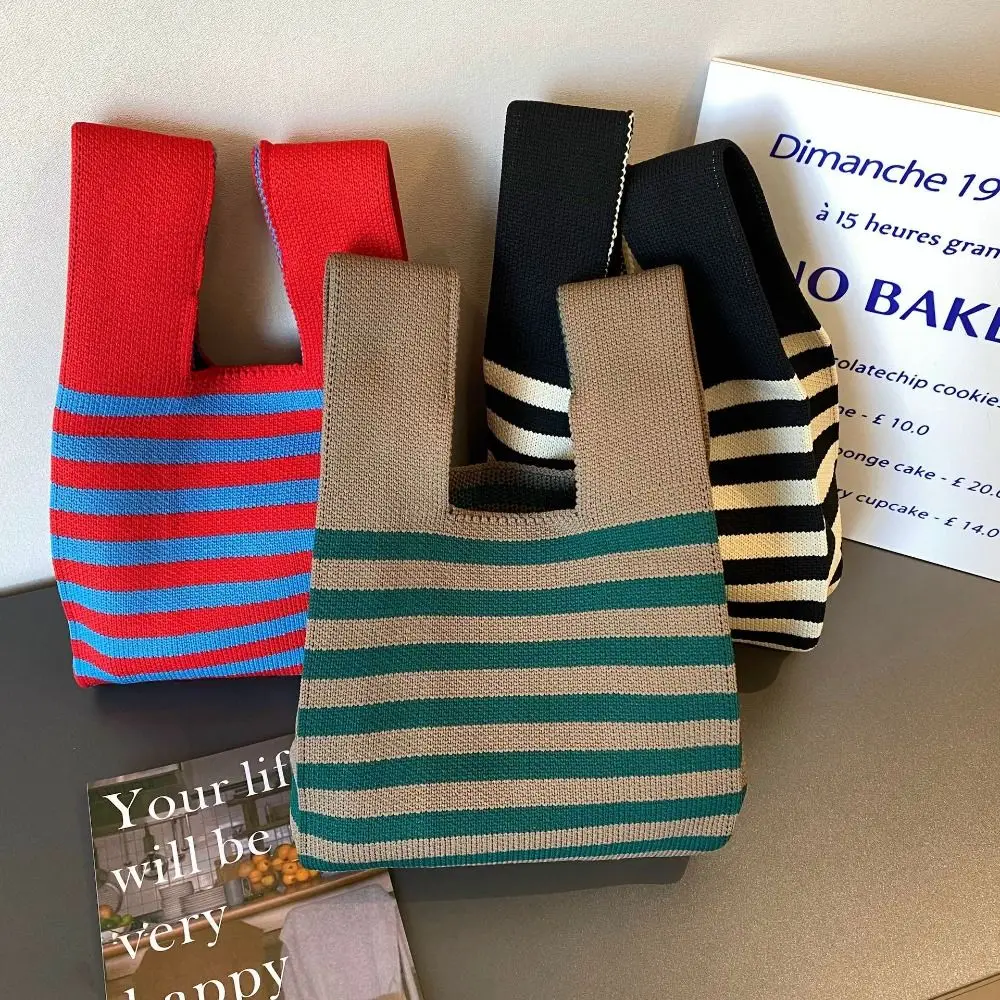 

High-capacity Knit Handbag Reusable Contrasting Stripes Knit Knot Wrist Bag Tote Bag Women