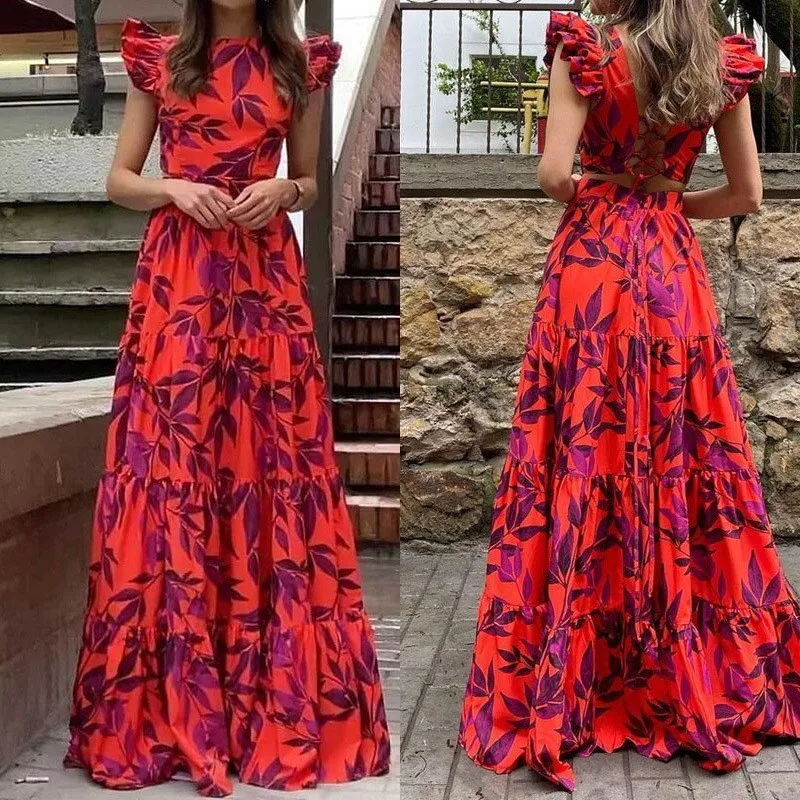 Wefads Maxi Dress Женское элегантное модное платье с рюшами и короткими рукавами круглым