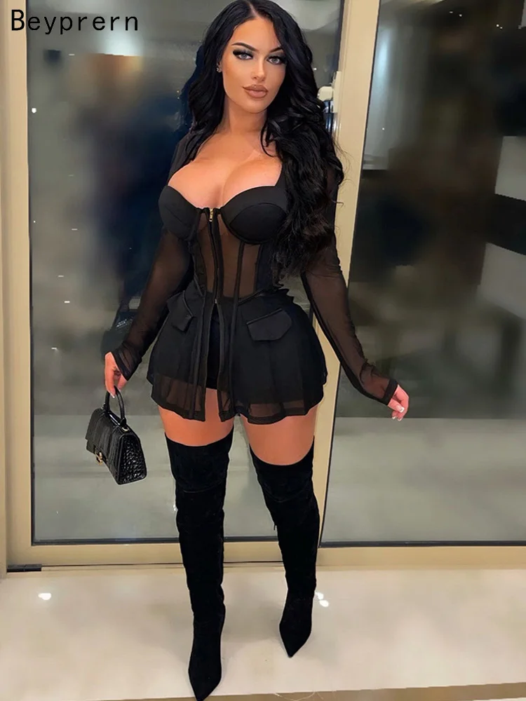 

Beyprern New Chic Sheer Mesh Zipper Front Corset Jacket Set Two-Piece Outfits Fashion Pocket Details Work Suit Set Sexy Clubwear