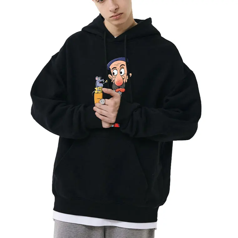 

Frenchman with Mouse Baguette and Cheese Manga Hoodie New Funny Men Women Hip Hop Oversized Hoodies Male Casual Black Sweatshirt