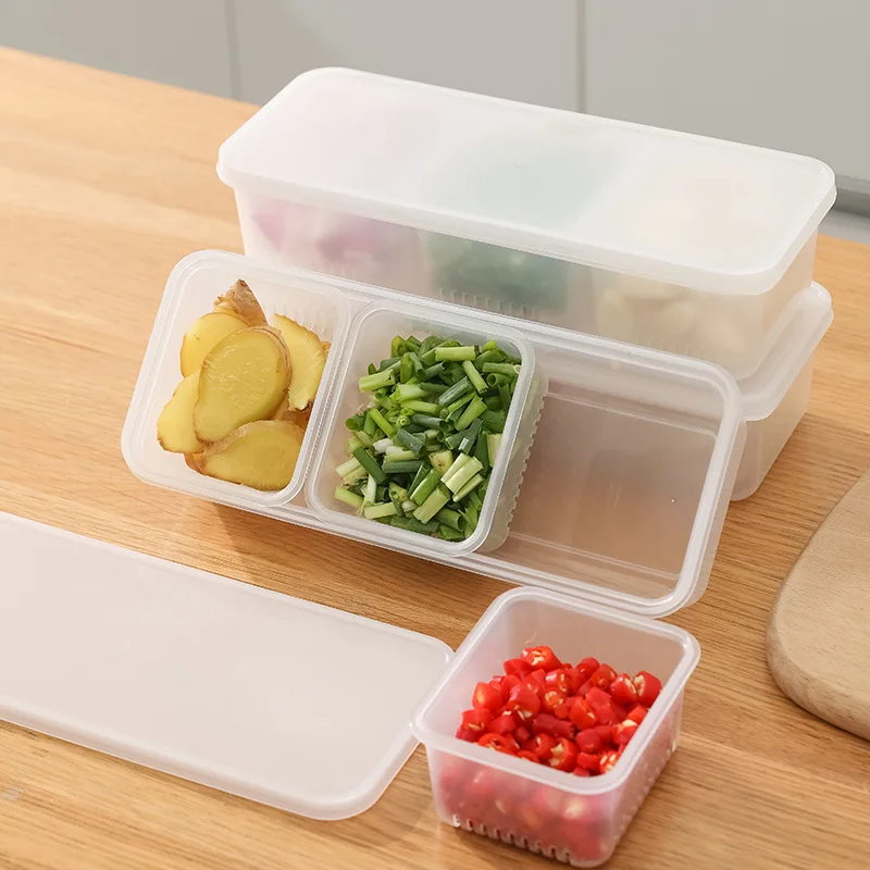 

3-in-1 Refrigerator Storage Box Kitchen Freezer Organizer Bins Drain Sealed Fresh-keeping Box Fruits Ginger Garlic Containers