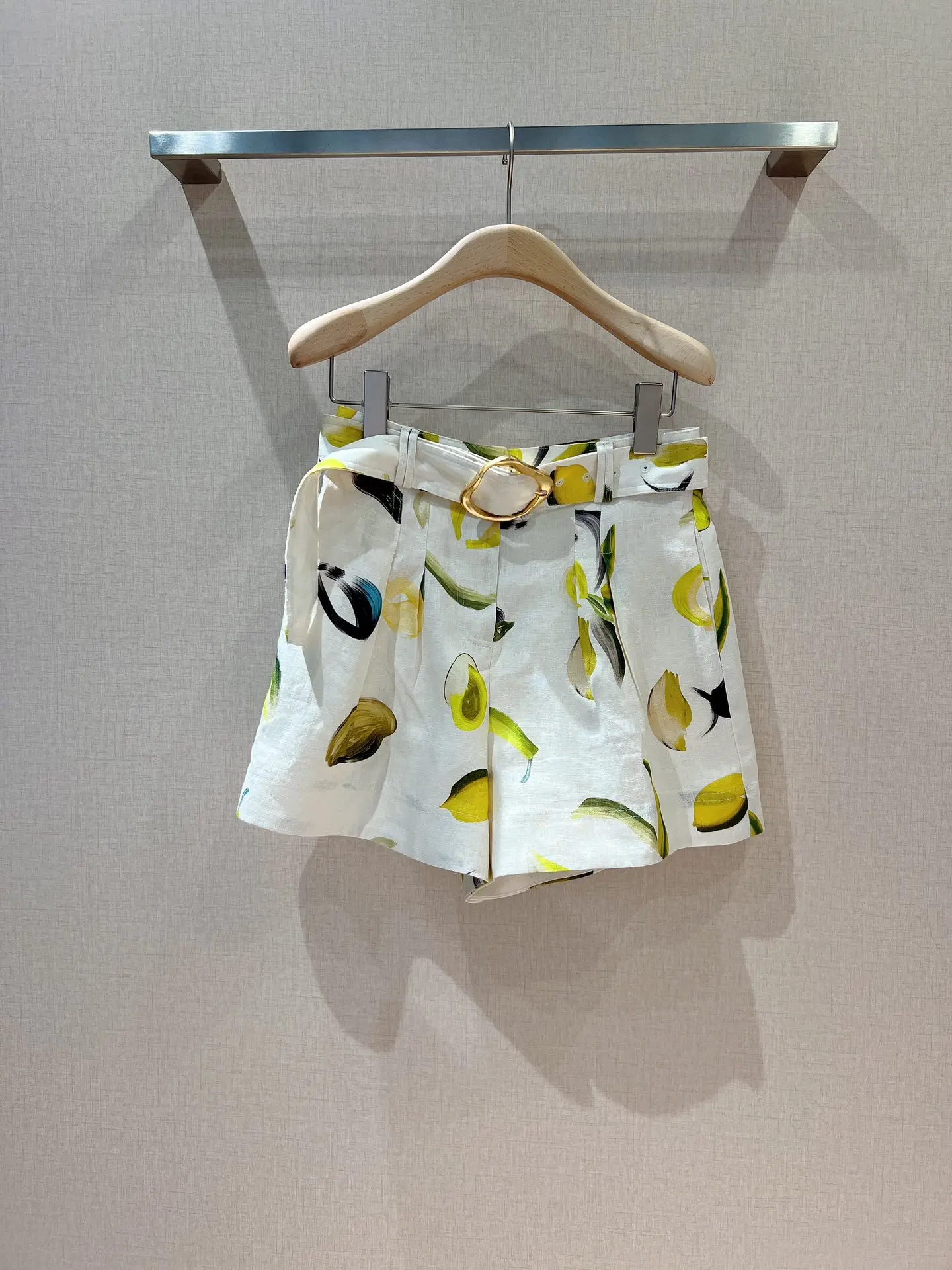 

100% Linen New High Quality Women Shorts Haute Couture Sashes Fruit Printing Bohemian Bottoms Runway Designer Chic Casual