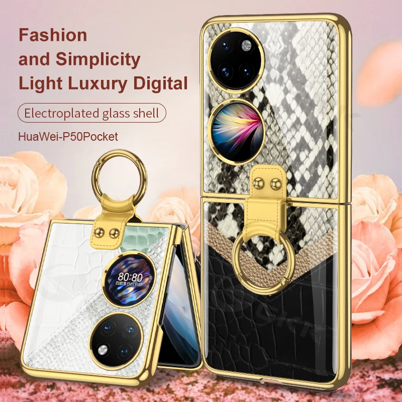

PC Ring Case For Huawei P50 Pocket Cover Color-Matching Texture Tempered Film Bracket Stand All-inclusive funda for hw p50pocket