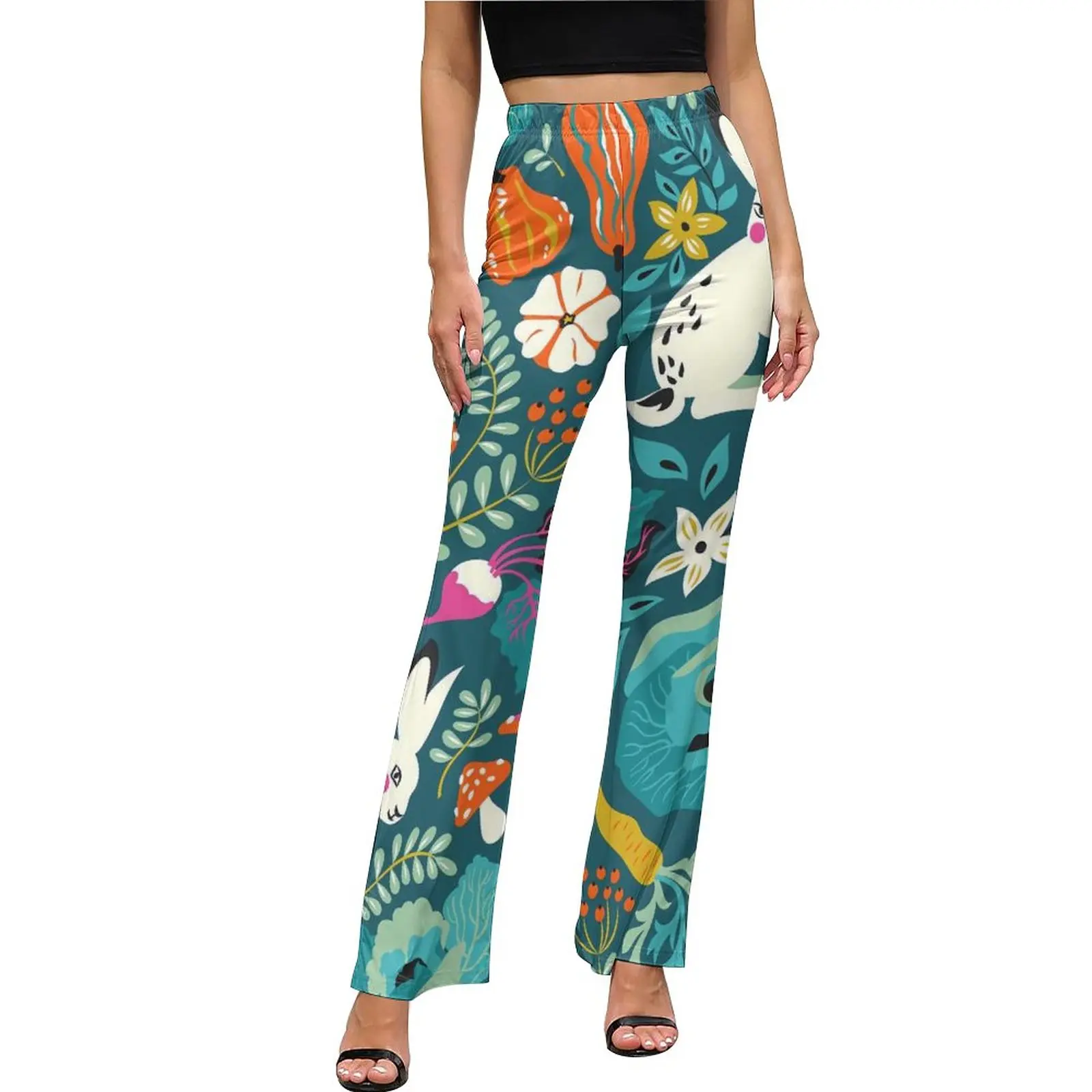 

Happy Easter Casual Pants Summer Bunnies Floral Print Home Printed Flare Trousers High Waisted Slim Fit Stretch Aesthetic Pants