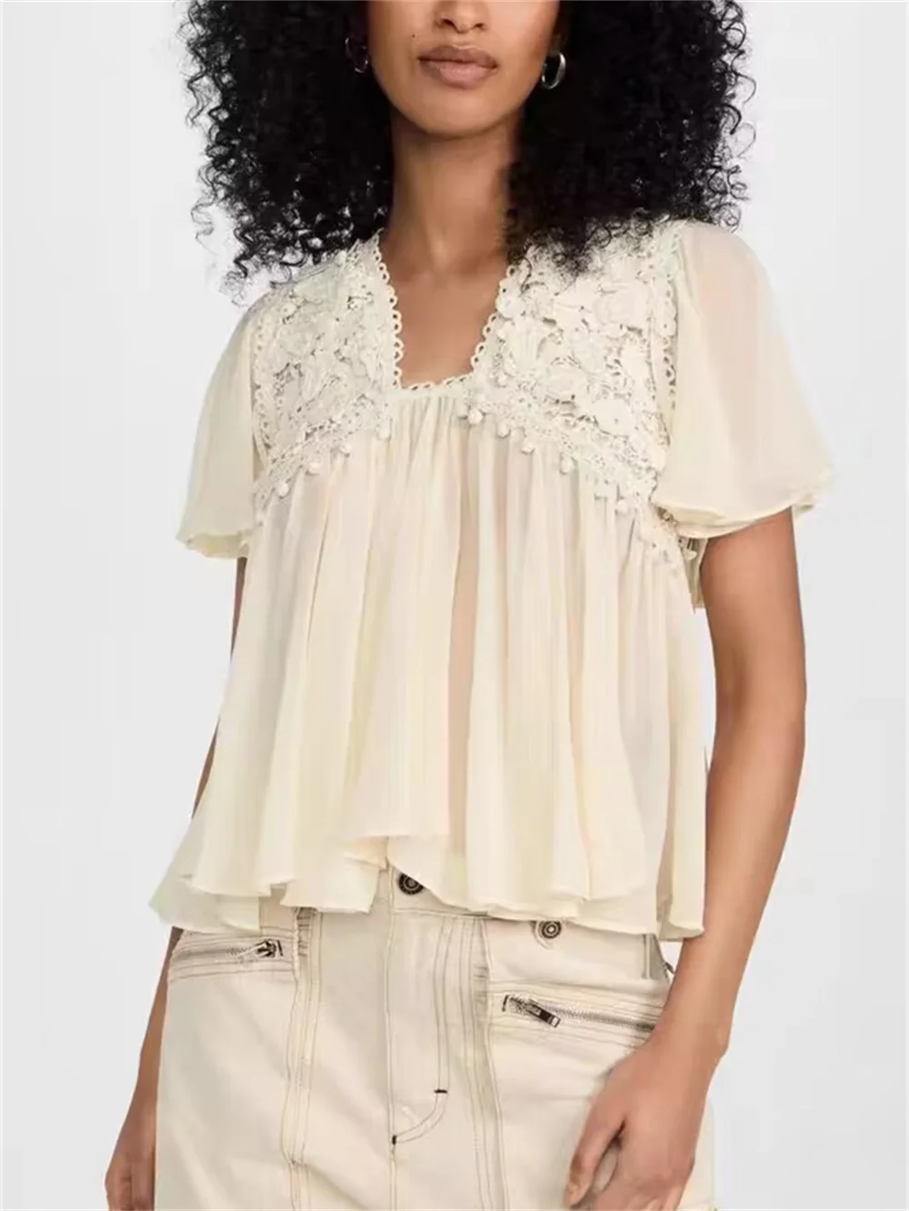 

Женская летняя блузка с коротким рукавом, плиссированная блузка с цветочным узором, новинка 2023, женская простая элегантная рубашка