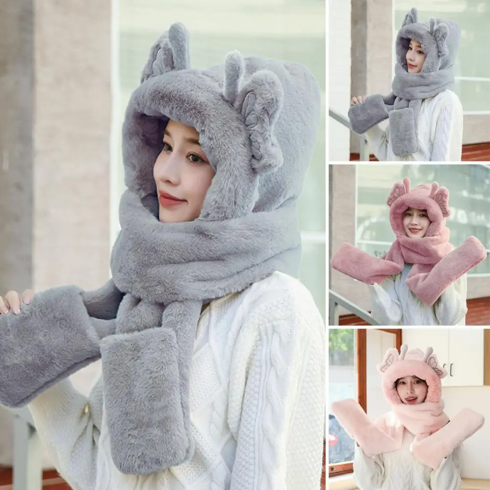 

Зимний шарф, зимний женский комплект 3-в-1 из плюшевой шапки, шарфа и перчаток, ветрозащитная вязаная шапка с мультяшным декором и защитой рук