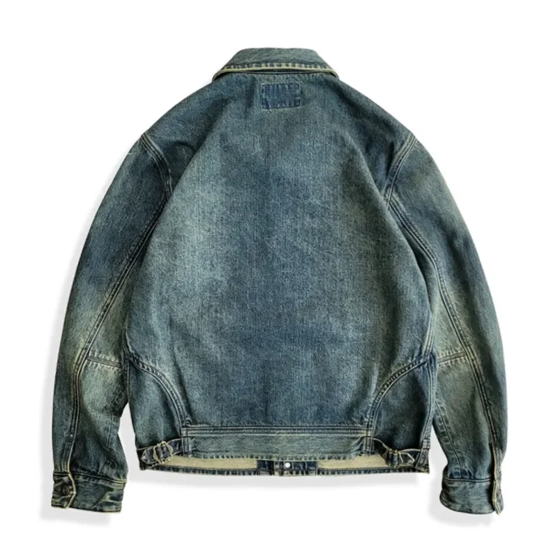 Amekaji Wear Clothes Men Classic Green Collar Denim Jacket Overalls Dyed Washed Distressed