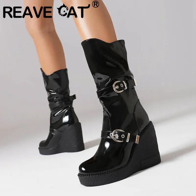 

REAVE CAT Fashion Women Booty Round Toe Slip On Wedges 11cm Platform 2.5cm Buckles Metal Decoration Punk Boots Big Size 42 43 44