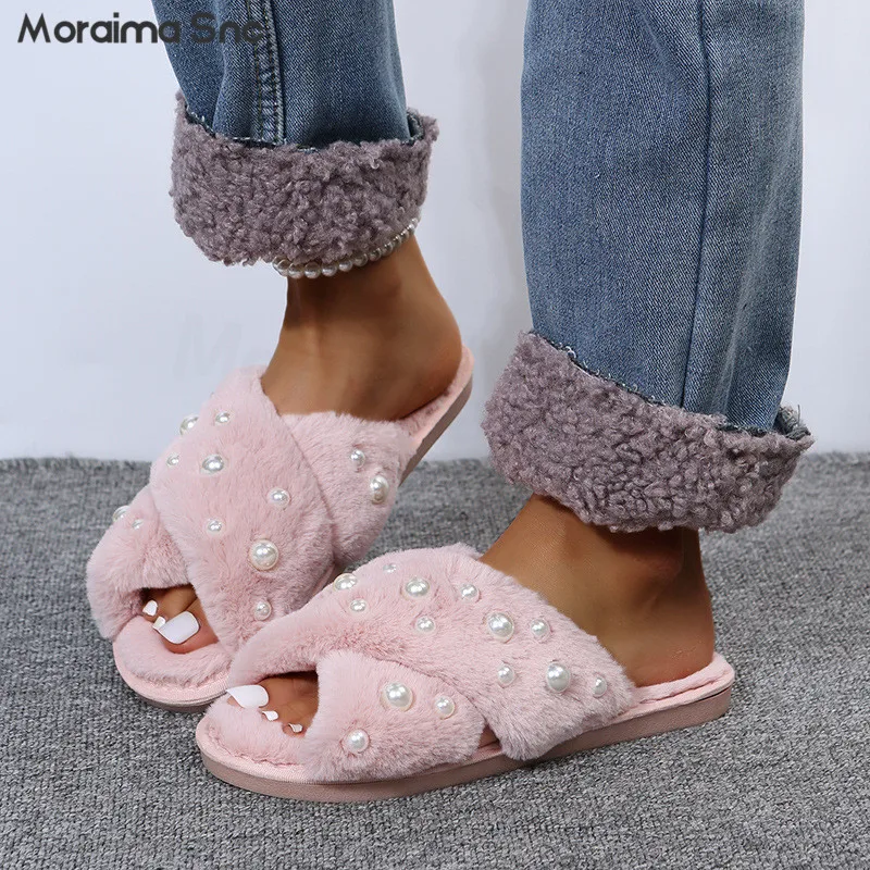 Black Fur Cross Strap Slippers New Open Toe Flat Bottom Pearl Fur Slippers Multi-Color Casual Fashion Plus Size Women's Shoes