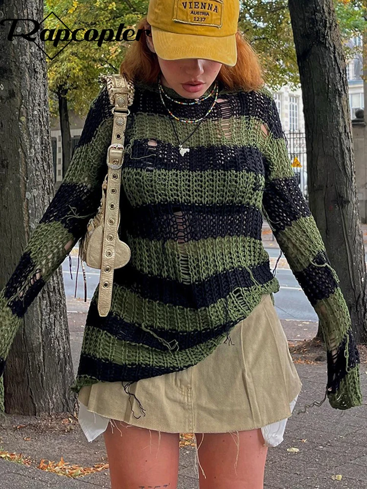 

Rapcopter Y2K Striped Ripped Out Sweaters O Neck Green Grunge Streetwear Crochet Smock Top Women Vintage Korean Jumpers Autumn