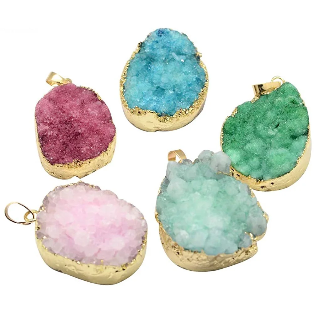 

5pcs Plated Natural Druzy Agate Stone Round Pendants with Golden Brass Findings for Necklace Earring Jewelry Making