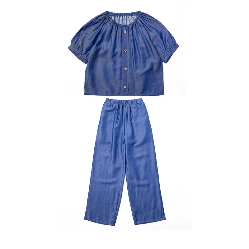 

Тонкие хлопковые джинсы, новинка 2022, летний комплект для девочек, мягкий детский костюм, комплект из двух предметов, комплект одежды для подростков, модные топы и штаны, #6255