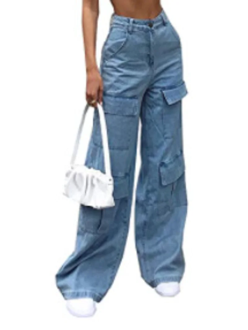 Womens Pants Jeans Washed Big Pocket Loose Denim Trousers for Women Blue Jeans for Women