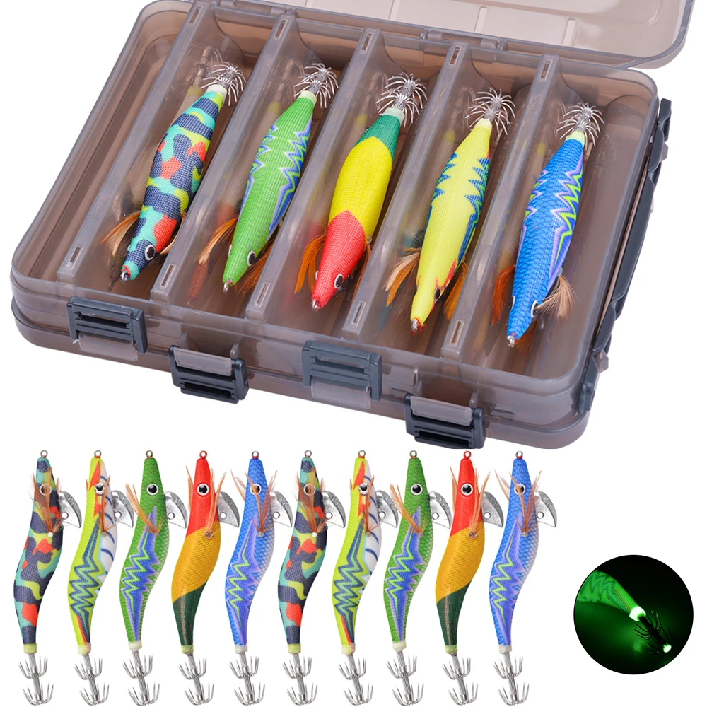 

Luminous Squid Lures Shrimp Jigs Wood Shrimp Lures for Octopus Bait Cuttlefish Artificial Jigging Lure with Two Layer Box