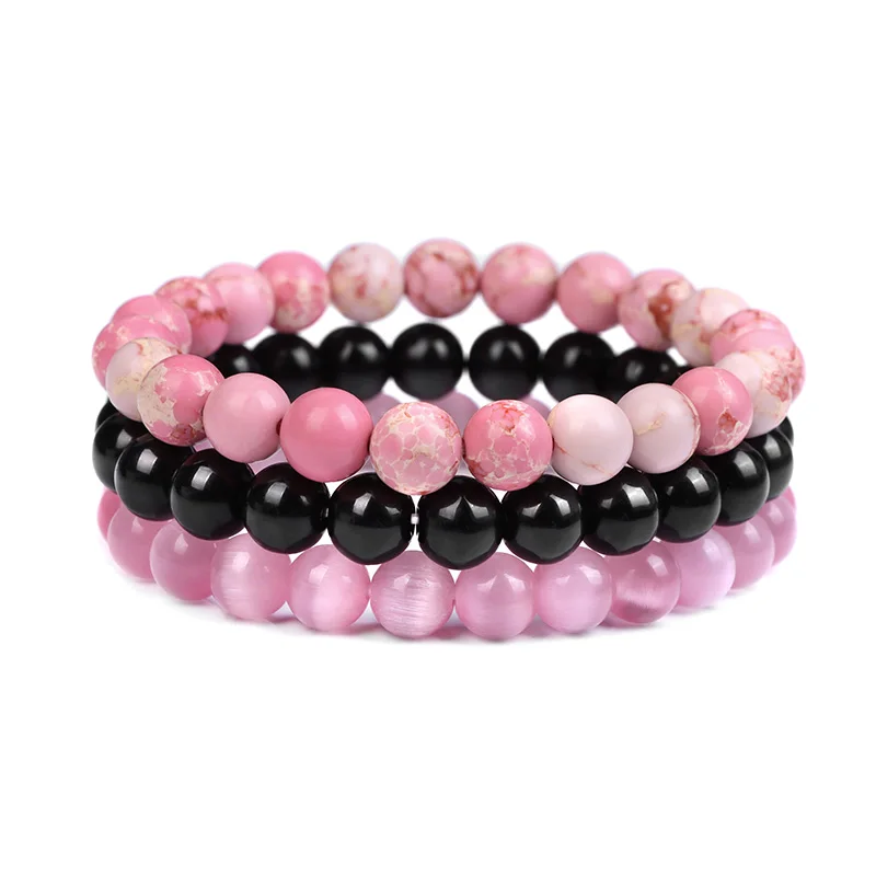 3Pcs/set 8mm Natural Stone Beads Bracelet Set Pink Zebra Rhodonite Moonstone Agates Hematite Bracelets For Women Men Jewelry - купить по