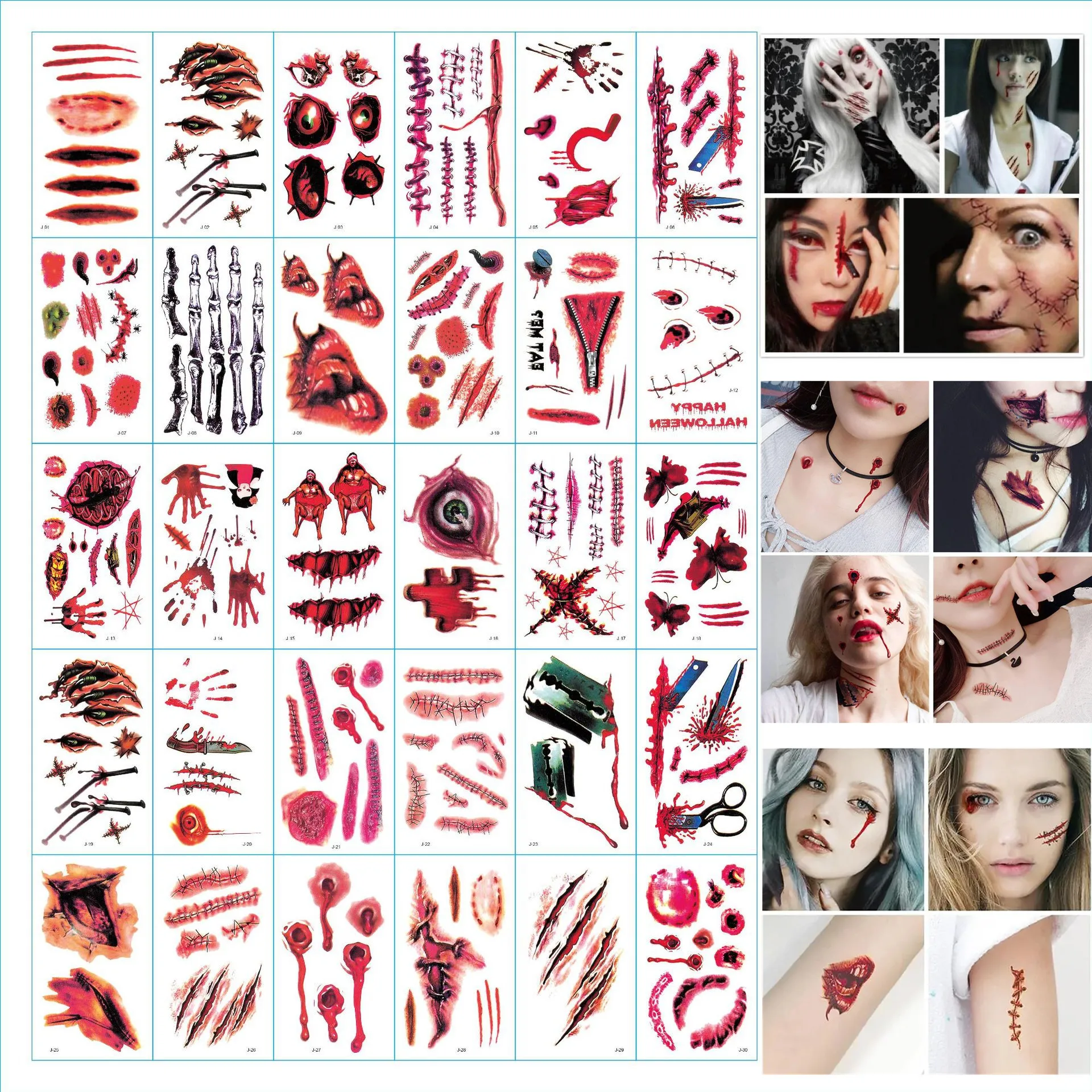 

30 Sheets Halloween Scar Tattoo Stickers Party Funny Scary Bloody Knife Scar Tattoo Simulation Wound DIY Scratches Blood Sticker