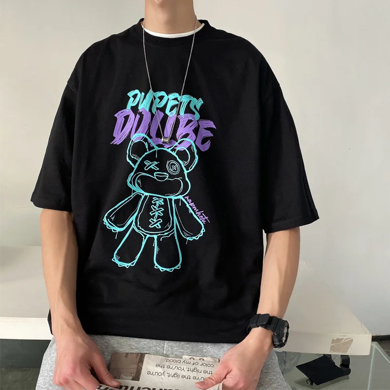 

YlSHioo Men Hip Hop Hipster Streetwear T-shirt Funny Bear Print T-shirt Harajuku Cotton Short Sleeve Autumn Fashion Tops Tees