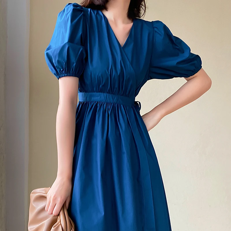 Woman Dress French Niche Puff Sleeves 2023 New Summer Sexy Lace Up Waist V-neck Vintage Dresses Vestido De Mujer