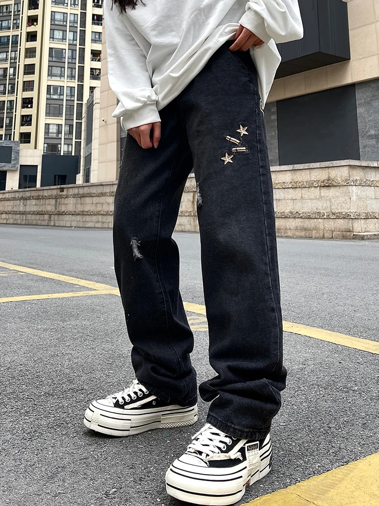 Men's Jeans Solid Color Y2k Retro Pistol Embroidery Large -sized Men and Female Denim Trousers Street Clothing Trend Ins Hotel