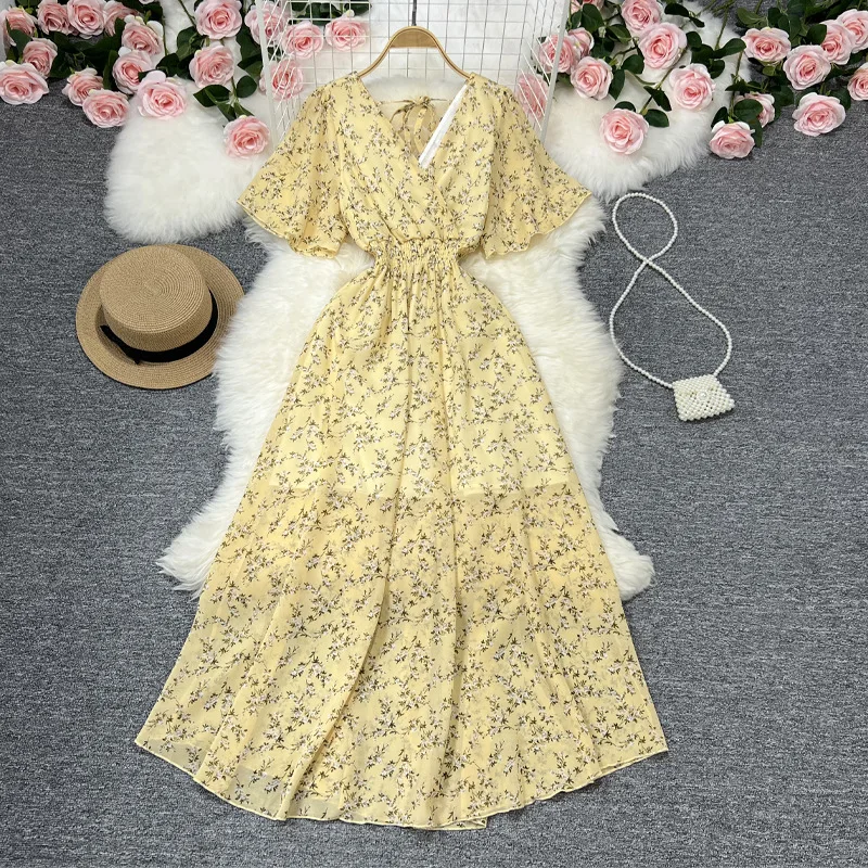 

Vacation Beach Dresses for Women 2023 Summer Printing V-neck Short Sleeve Chiffon A-line Long Skirt Floral Maxi Dress Vestidos