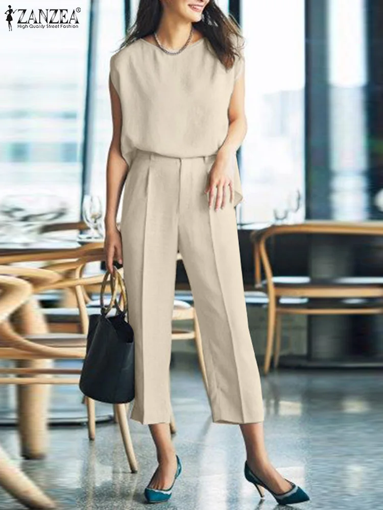

ZANZEA Two Piece Sets Womens Outifits Elegant Summer Suits Casual Sleeveless Blouse Pants Sets Solid Office Work Matching Sets
