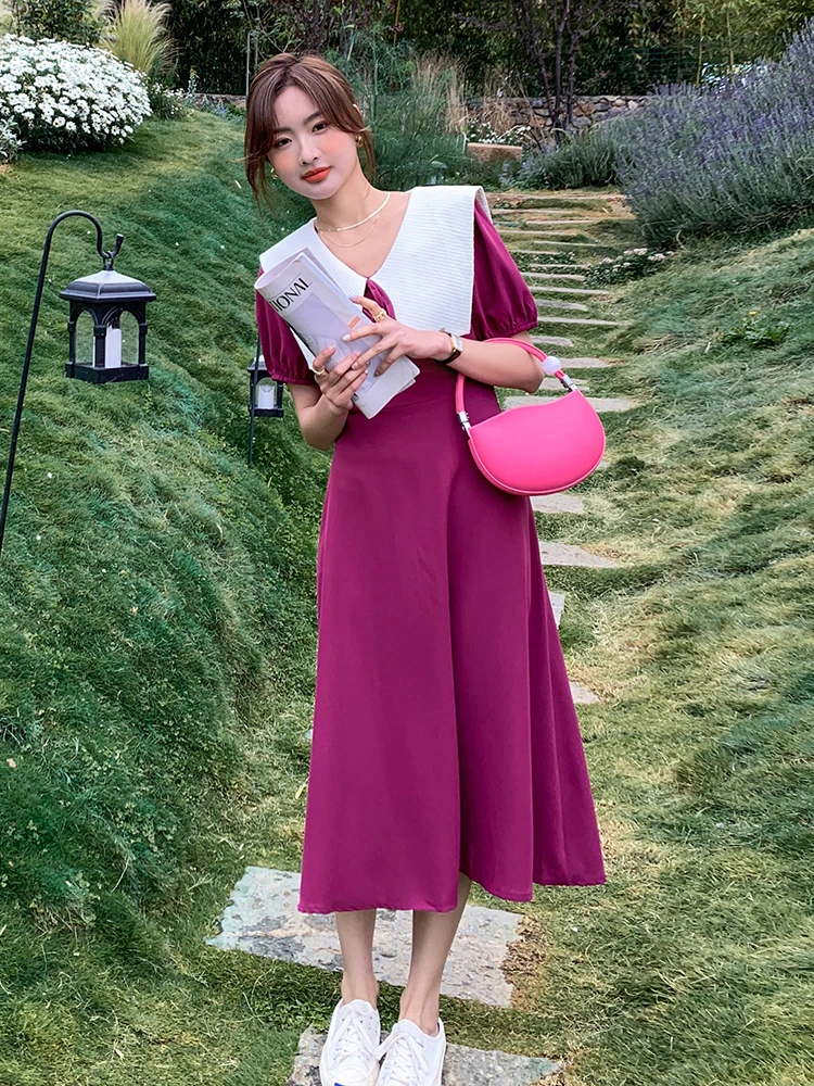 

Preppy Style Sailor Collar Contrast Color Dress for Women 2022 Summer Elegant Chic Slim Korean Short Sleeve Long Dresses H01