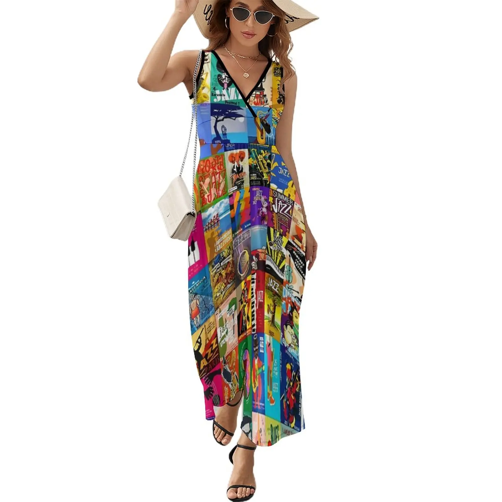 

Collage of Jazz Festivals Dress Music Band Print Elegant Maxi Dress Simple Boho Beach Long Dresses High Waist Big Size Vestido