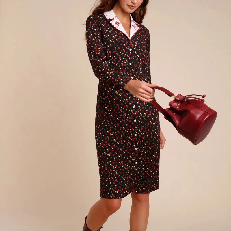 

Autumn 2022 New Women's Turn-down Collar Long Sleeve Mini Dress Contrast Embroidery Print Female Vintage Single Breasted Dress