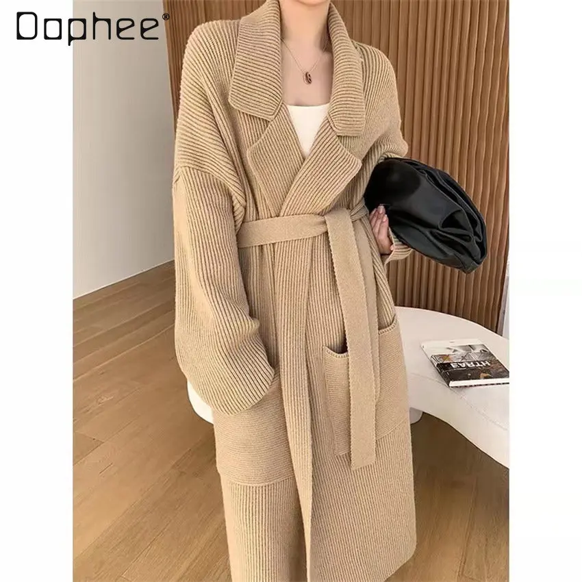 Women's Thickened Elegant Lapel Belt Knitted Cardigan Sweater Cold Protection Simple Style Coat Ladies Solid Color Sweater