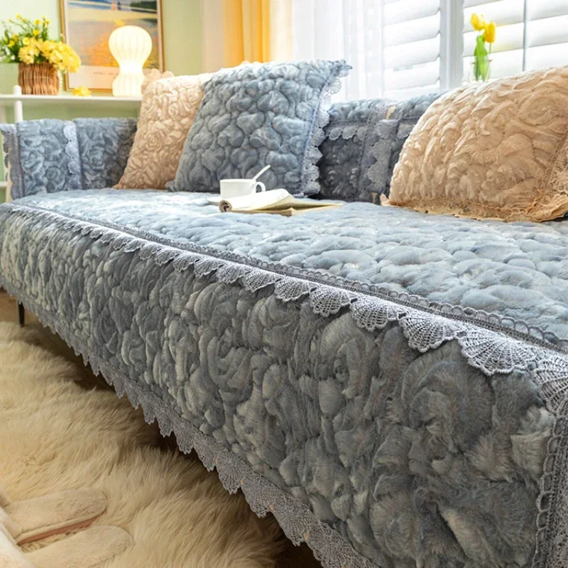 

Однотонный бархатный коврик для дивана в стиле ретро с розами, европейская кружевная отделка, плюшевая подушка для дивана, кожаный Противоскользящий чехол для дивана, Пылезащитная ткань